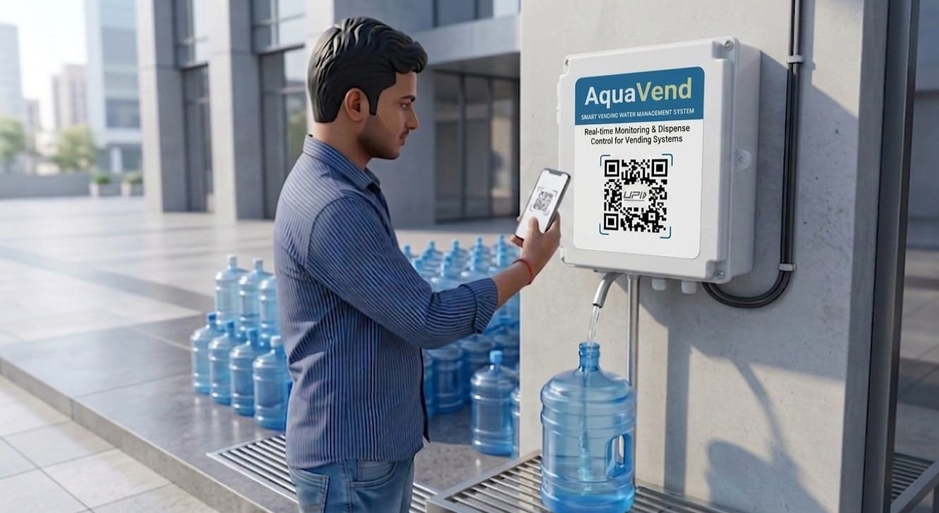 Smart UPI Water Vending Machine with QR Code and Teal Glow